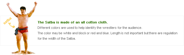 The Satba is made of an all cotton cloth.
Different colors are used to help identify the wrestlers for the audience.
The color may be white and block or red and blue. Length is not important but there are regulation for the width of the Satba.